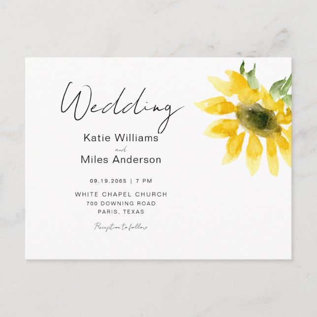 Einfache Sonnenblumen-Hochzeit Postkarte (Vorderseite)