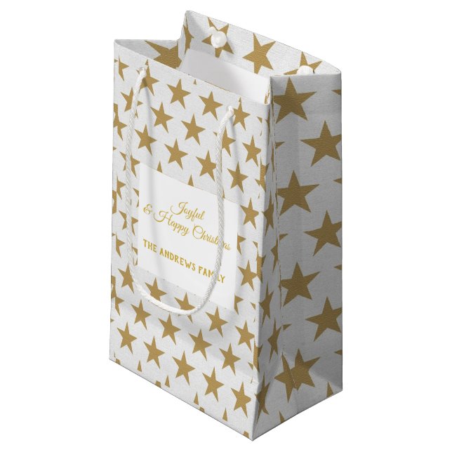 Einfache Star Gold und weiße Weihnachtsgeschenktas Kleine Geschenktüte (Vorderseite Schrägansicht)
