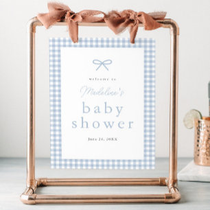 Einfache staubblaue Gingham-Jungen-Baby-Party-Will Poster
