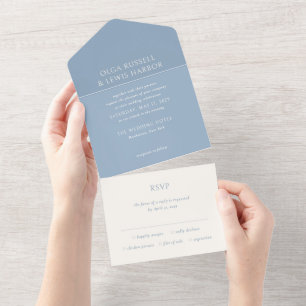 Einfache, staubblaue moderne Hochzeit All In One Einladung