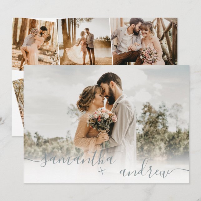 Einfache staubblaue Schrift 5 Fotos Hochzeit Einladung (Vorne/Hinten)
