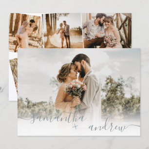 Einfache staubblaue Schrift 5 Fotos Hochzeit Einladung