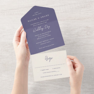 Einfache, staubige, lila moderne Hochzeit All In One Einladung