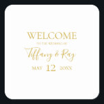 Einfache Stickerei auf dem Gold Wedding Welcome Sq Quadratischer Aufkleber<br><div class="desc">Dieses schlichte,  elegante,  goldene Begrüßungsschreiben ist perfekt für Ihre moderne,  minimalistisch-weiß-goldene Hochzeit. Das Design besticht durch minimalen zeitgenössischen Gold-Schriftart,  begleitet von formaler Kalligraphie. Behalt es so,  wie es ist,  oder wählen Sie es mit Ihren eigenen Kunstwerken oder Fotos zu personalisieren!</div>