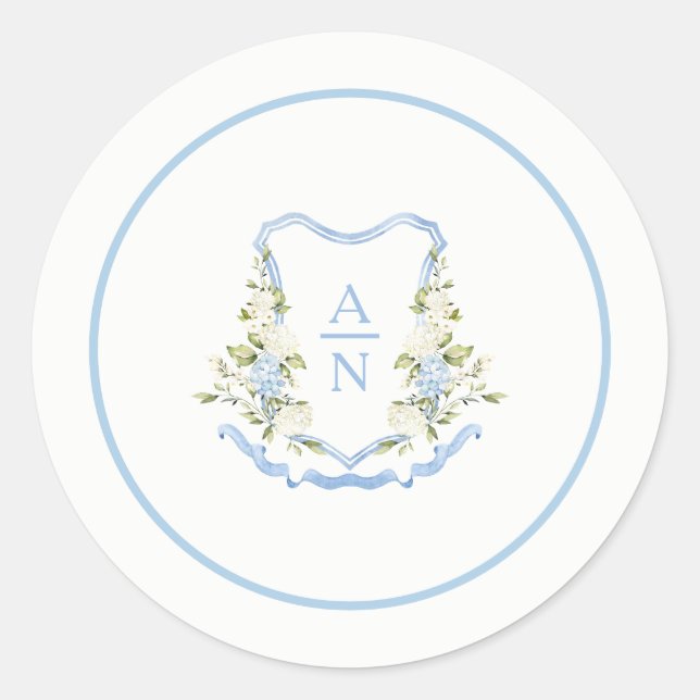 Einfache Stickers mit blauem Hortensien-Wappen-Mon (Vorderseite)