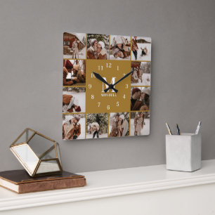 Einfache, stilvolle Vintag-Gold-Familienfotosammlu Quadratische Wanduhr