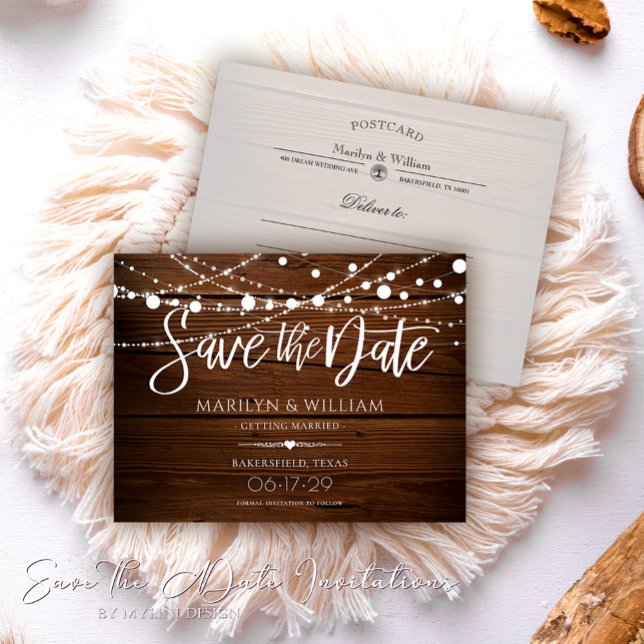 Einfache String-Leuchten Rustikale Save the Date P Ankündigungspostkarte (Von Creator hochgeladen)