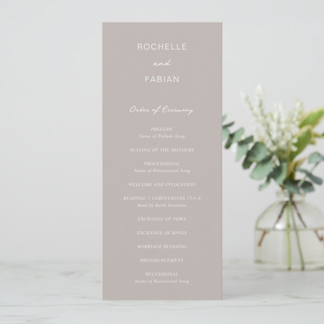 Einfache Taupe Elegante Hochzeit Programm (Stehend Vorderseite)