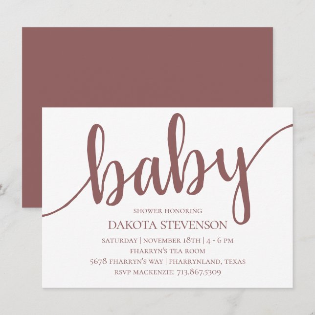 Einfache Taupe-Script | Desert Rose Baby Dusche Einladung (Vorne/Hinten)