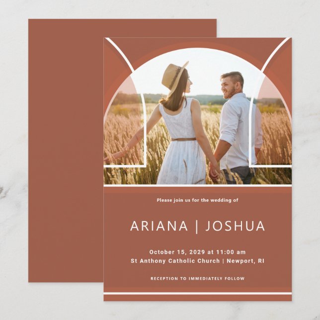Einfache Terracotta Arch Foto Hochzeit Einladung (Vorne/Hinten)