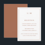 Einfache Terracotta Monogram Hochzeit Begleitkarte<br><div class="desc">Einfache Hochzeitskarte mit modernem und dennoch elegantem Design, oben mit Ihrem zweistelligen Monogramm, sowie mit den Informationen Ihres Empfangs, umgeben von einer dünnen Grenze. Alle Designelemente sind in Terrakotta / gebrannt orange / rost und können im Designbearbeitungstool geändert werden. Ein elegantes und stilvolles Design, das sich ideal für ein minimalistisches...</div>