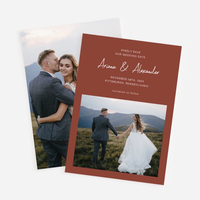 Einfache Terracotta-Script-Foto Hochzeit Save The Date (Von Creator hochgeladen)