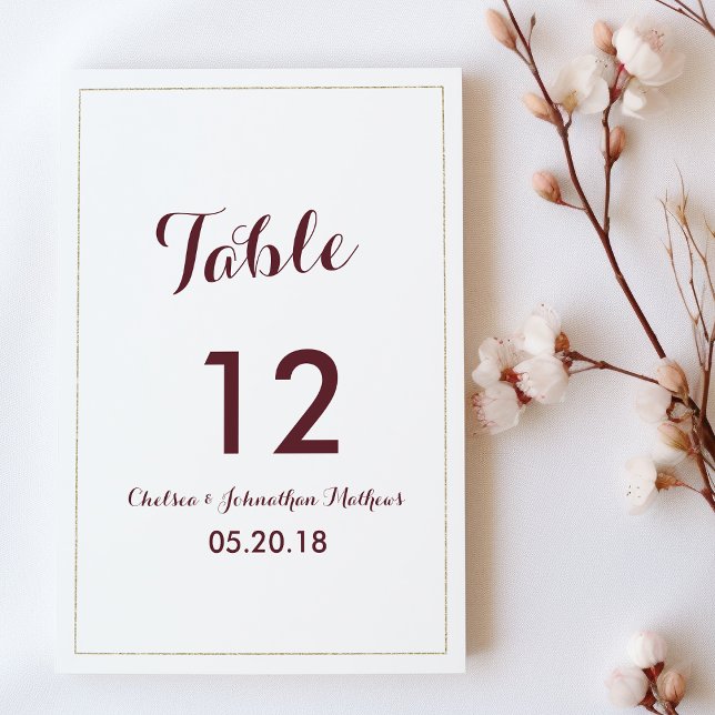 Einfache Tischnummern aus weißem Gold (Simple elegant white gold burgundy Table Numbers)