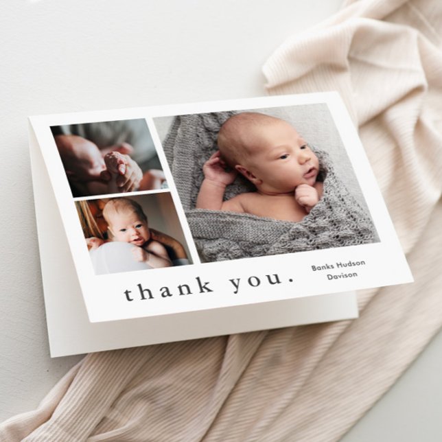 Einfache Type Foto Collage Baby Dankeskarte (Simple typography 3 photo collage baby thank you card.)
