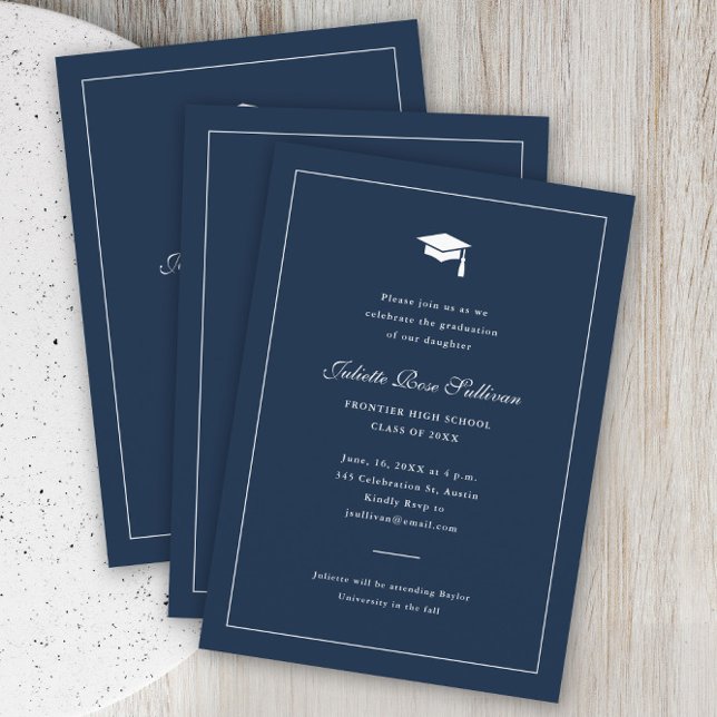 Einfache Typografie-Abschluss Begleitkarte (Elegant navy blue simple type graduation invitation enclosure card.)
