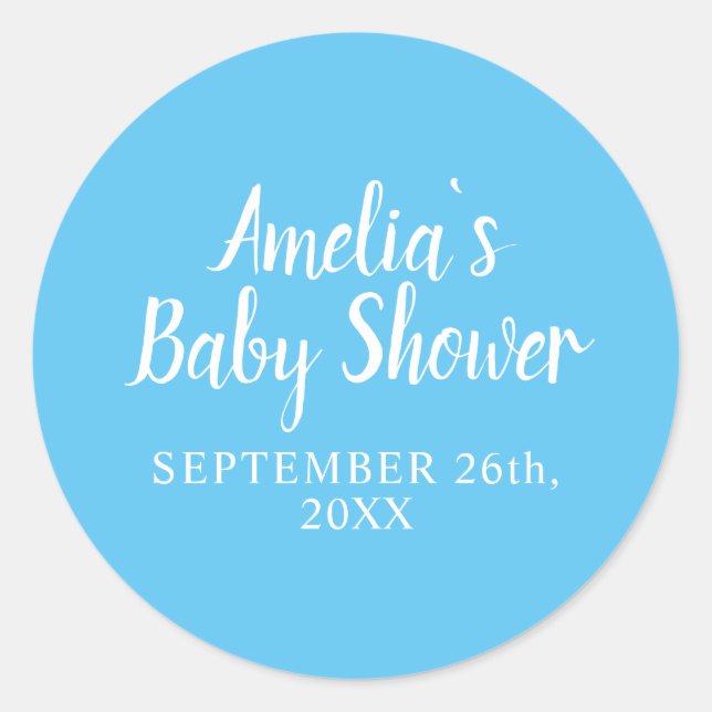 Einfache Typografie Blue Baby Boy Babydusche Runder Aufkleber (Vorderseite)