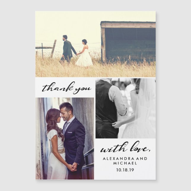 Einfache Typografie | Drei-Foto-Hochzeit Danke Magnetkarte (Vorderseite)