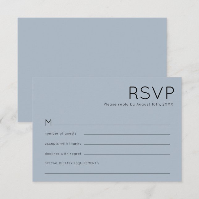 Einfache Typografie Dusty Blue Wedding RSVP Karte (Vorne/Hinten)