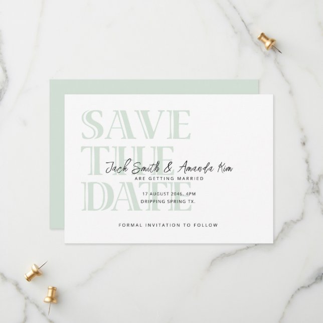 Einfache Typografie Green Flat Save the Date Card (Vorderseite/Rückseite Beispiel)