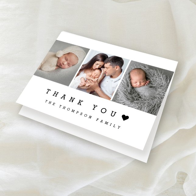 Einfache Typografie Herz Baby Foto Dusche Dankeskarte (Chic, modern Thank you Heart Baby shower Photo folded card.)
