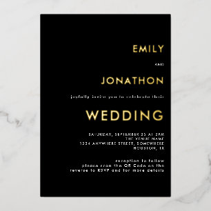 Einfache Typografie Hochzeit Schwarz Gold Echt Folieneinladung