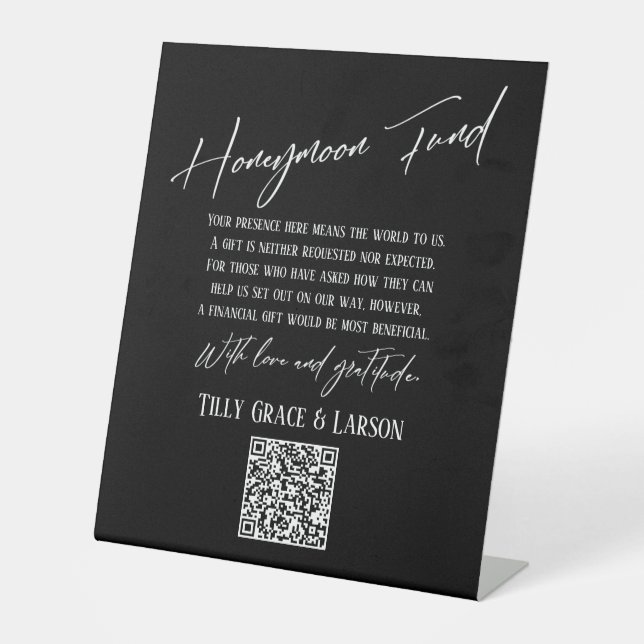 Einfache Typografie Honeymoon Fund QR Code Black Sockelschild (Vorderseite)