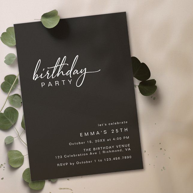 Einfache Typografie | Modern Black Birthday Party Einladung (Von Creator hochgeladen)
