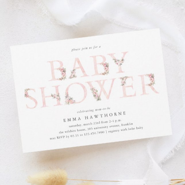 Einfache Typografie Pink Baby Dusche Einladung (Elegant Floral Typography Baby Pink Shower Invitation.)