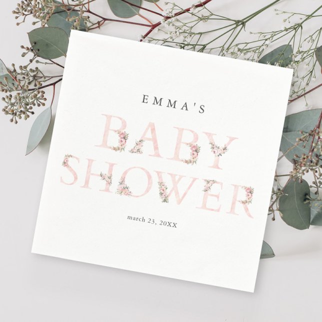 Einfache Typografie Pink Baby Dusche Serviette (Elegant Pink Floral Typography Baby Shower Napkins.)