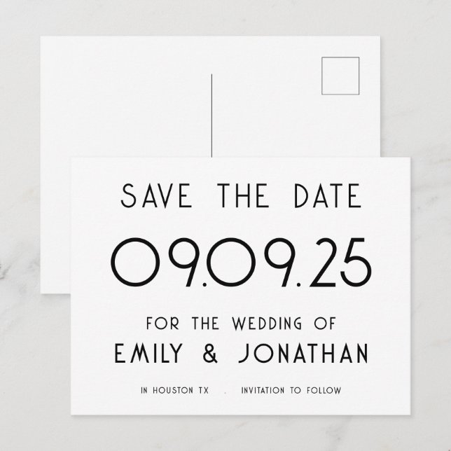 Einfache Typografie Schwarz-weiße Hochzeit Ankündigungspostkarte (Vorne/Hinten)
