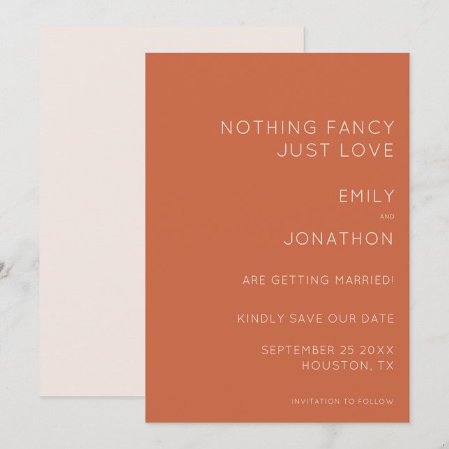 Einfache Typografie Terracotta Wedding Save the Da Date (Vorne/Hinten)