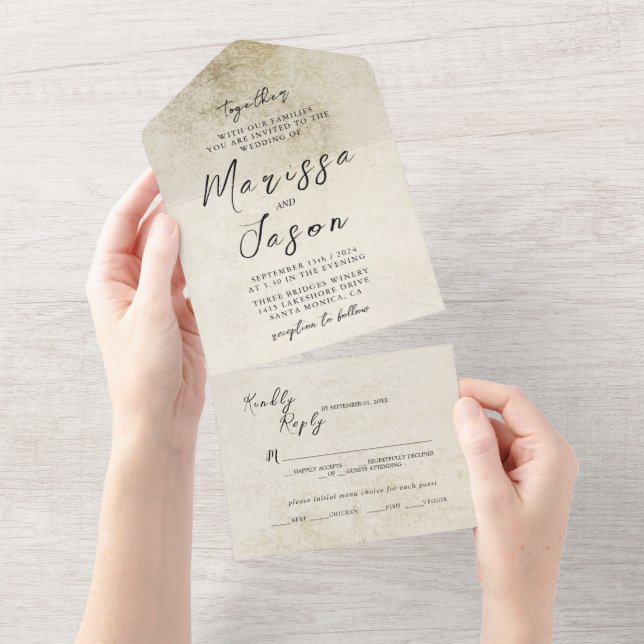 Einfache und elegante Alt Paper Wedding All In One Einladung (Abreißen)