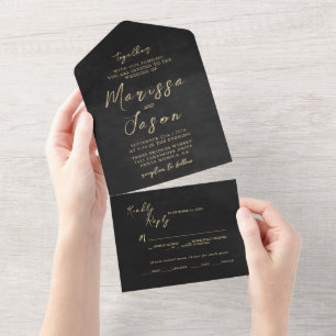 Einfache und elegante gold-schwarze Hochzeit All In One Einladung