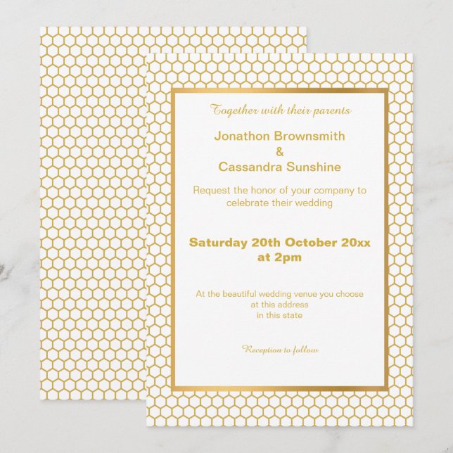 EINFACHE UND ELEGANTE GOLD WEISSE HEXAGONPATTERIN EINLADUNG (Vorne/Hinten)
