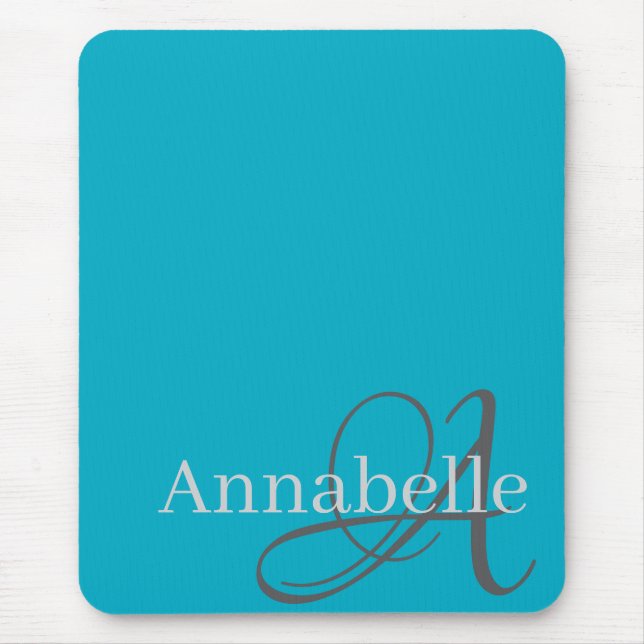 Einfache und elegante hellblaue Monogramm und Name Mousepad (Vorne)