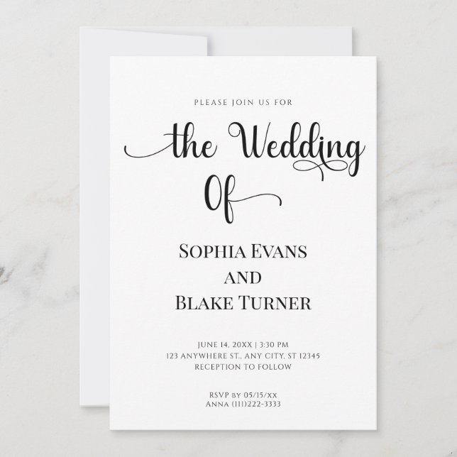 Einfache und elegante Schwarz-Weiß-Hochzeit Einladung (Vorderseite)