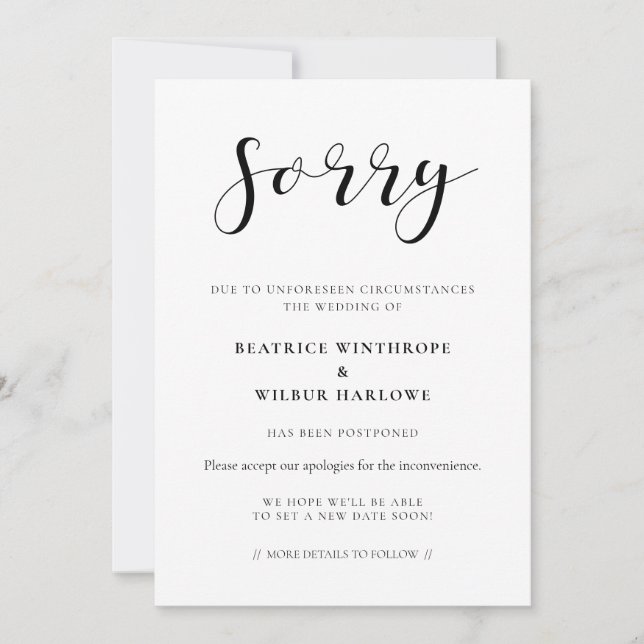 Einfache und elegante Sorry Hochzeit Update-Karte Einladung (Vorderseite)