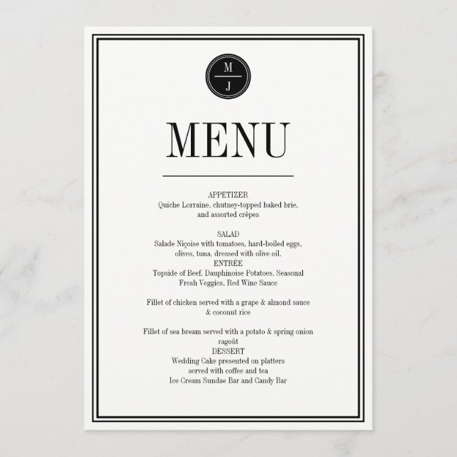 Einfache und elegante Speisekarte für Hochzeiten Menükarte (Vorderseite)