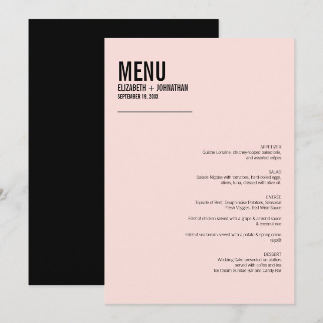 Einfache und minimale rosa Typografie-Menü-Karte Menükarte (Vorne/Hinten)
