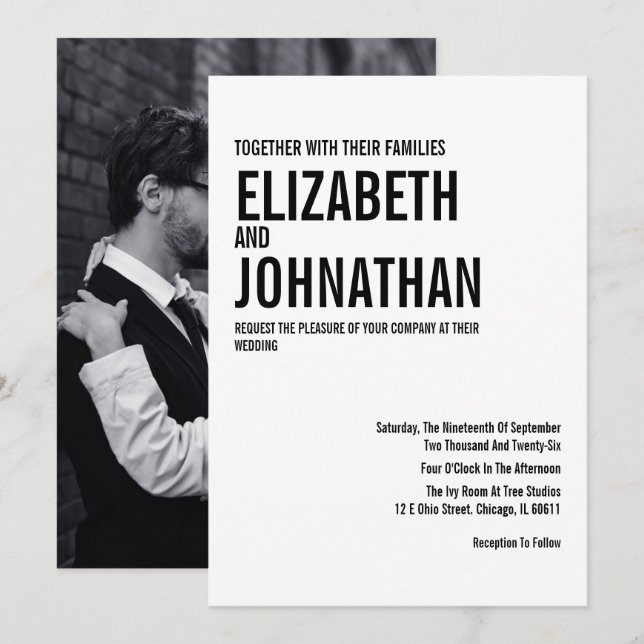 Einfache und minimale Typografie-Foto Hochzeit Einladung (Vorne/Hinten)