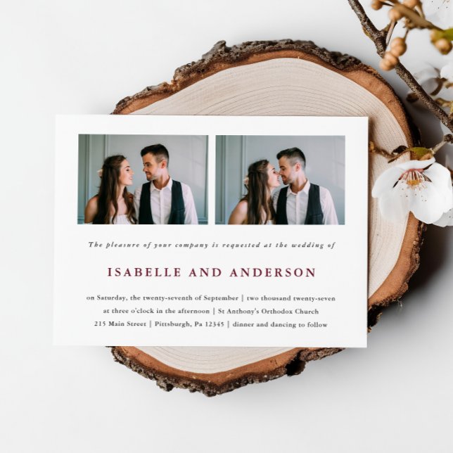 Einfache und moderne Burgund zwei Foto Hochzeit Einladung (Von Creator hochgeladen)