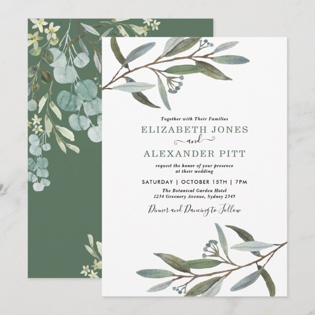 Einfache und saubere Eukalyptus Grüne Hochzeit Einladung (Vorne/Hinten)