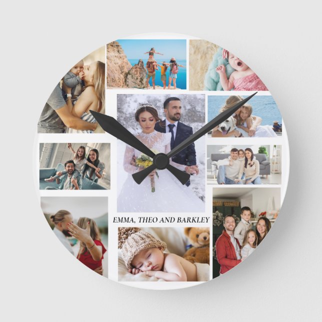 Einfache und schicke FotoCollage | Hochzeit und Fa Runde Wanduhr (Vorderseite)