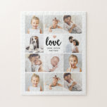 Einfache und schicke FotoCollage | Liebe mit Herz<br><div class="desc">Dieses schicke Schwarz-Weiß-Rätsel verfügt über ein Foto-Raster mit elf persönlichen Fotos und eine moderne Schrift-Typografie, die "Liebe" sagt. Es gibt auch ein elegantes kleines Herz mit einem Imitat Rose Gold Look. Ein einfaches, minimalistisches, aber absolut stilvolles Geschenk für Ihre Mutter, Ehefrau oder jedes Familienmitglied, das Sie gewollt haben, um sie...</div>