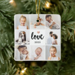 Einfache und schicke FotoCollage | Liebe mit Herz Keramikornament<br><div class="desc">Dieses schicke Weihnachtsschmuck in Schwarz/Weiß verfügt über ein Foto-Gitter mit acht persönlichen Fotos und eine moderne Schrift-Typografie, die "Liebe" sagt. Es gibt auch ein elegantes kleines Herz mit einem Imitat Rose Gold Look. Ein einfaches, minimalistisches und dennoch absolut stilvolles Geschenk für Ihre Mutter, Ehefrau oder ein Familienmitglied, um ihnen lassen,...</div>