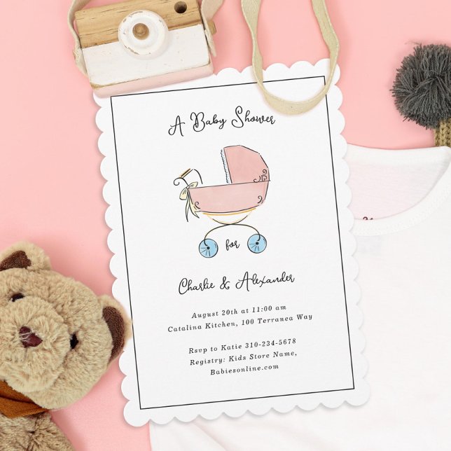 Einfache und süße Pink- und Blue Pram Baby Dusche Einladung (Von Creator hochgeladen)