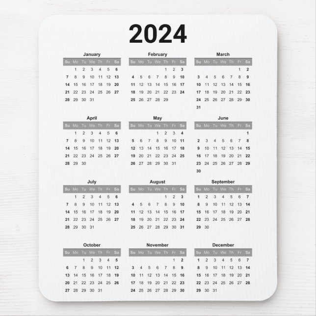 Einfache US Schwarz & Weiß 2024 Jährlicher Kalende Mousepad (Vorne)