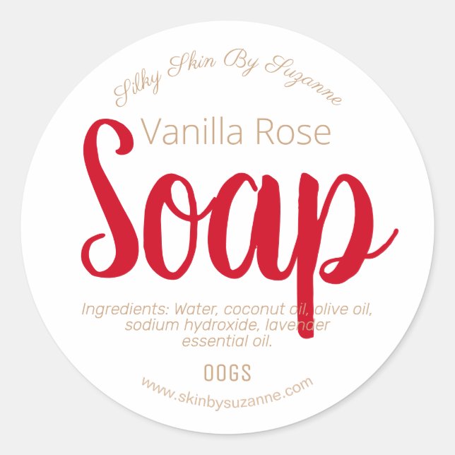 Einfache Vanilla-Seifenetiketten in Rot und Beige Runder Aufkleber (Vorderseite)