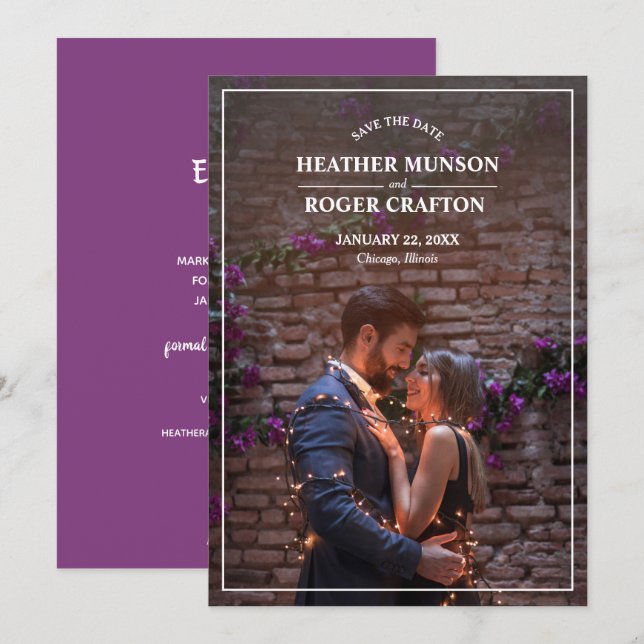 Einfache Verlobung Foto Lila Save the Date (Vorne/Hinten)
