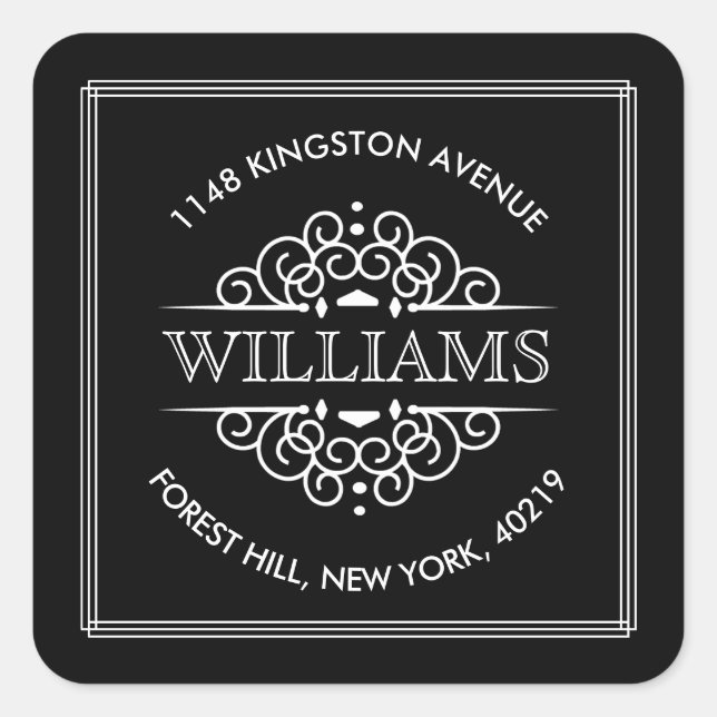 Einfache Verzierte Schwarz-Weiß-Rücksendeadresse Quadratischer Aufkleber (Vorderseite)
